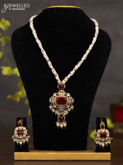 Pearl necklace with ruby & cz kundan stones and pearl hangings