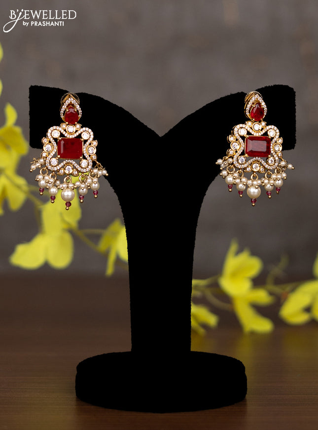 Pearl necklace with ruby & cz kundan stones and pearl hangings