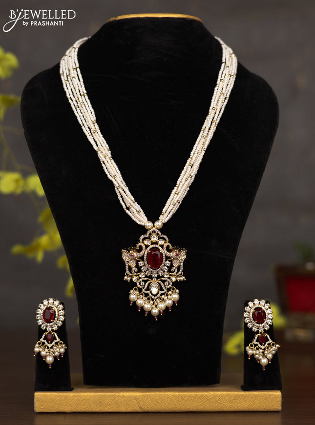 Pearl necklace elephant design with ruby & cz kundan stones and pearl hangings