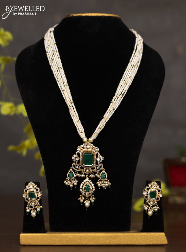 Pearl necklace with emerald & cz kundan stones and pearl hangings