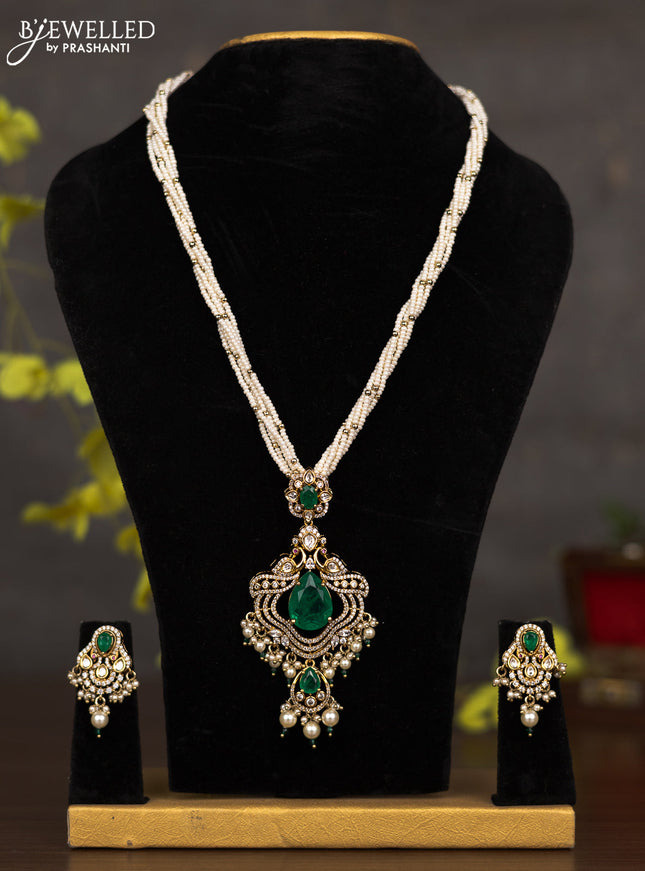 Pearl necklace with emerald & cz kundan stones and pearl hangings