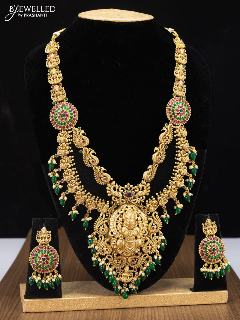 Antique haaram kemp stone with lakshmi pendant and green beads hangings