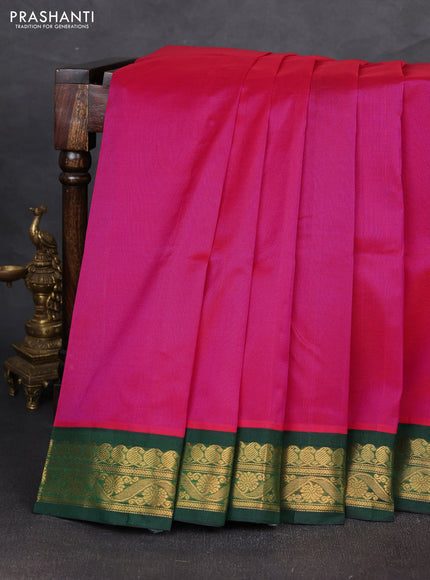 Silk cotton saree pink and green with plain body and zari woven korvai border