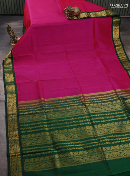 Silk cotton saree pink and green with plain body and zari woven korvai border