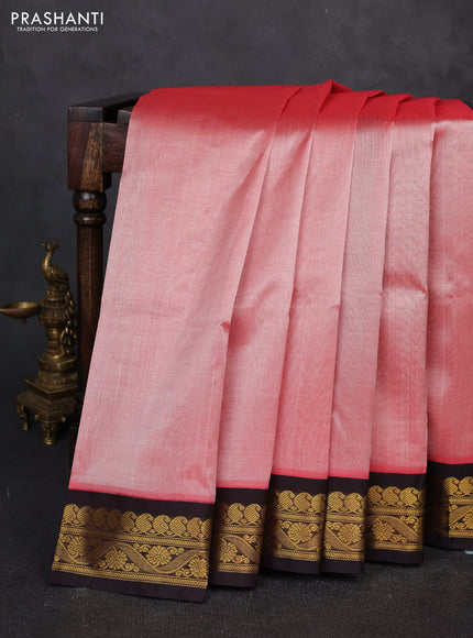 Silk cotton saree red shade and coffee brown with plain body and zari woven korvai border