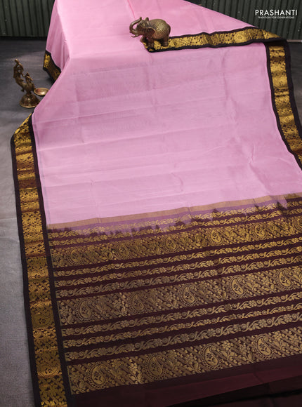 Silk cotton saree pastel pink and coffee brown with plain body and zari woven korvai border