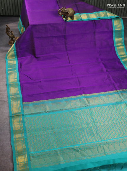 Silk cotton saree purple and teal blue with allover vairaosi pattern and zari woven kovai border
