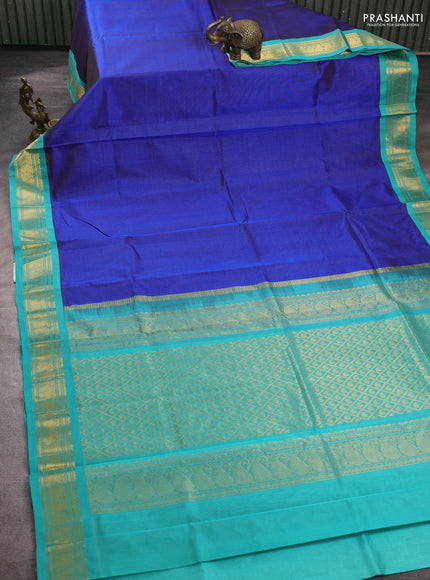 Silk cotton saree blue and teal blue with allover vairaosi pattern and zari woven kovai border