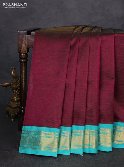 Silk cotton saree deep wine shade and teal blue with allover vairaosi pattern and zari woven kovai border