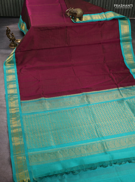 Silk cotton saree deep wine shade and teal blue with allover vairaosi pattern and zari woven kovai border