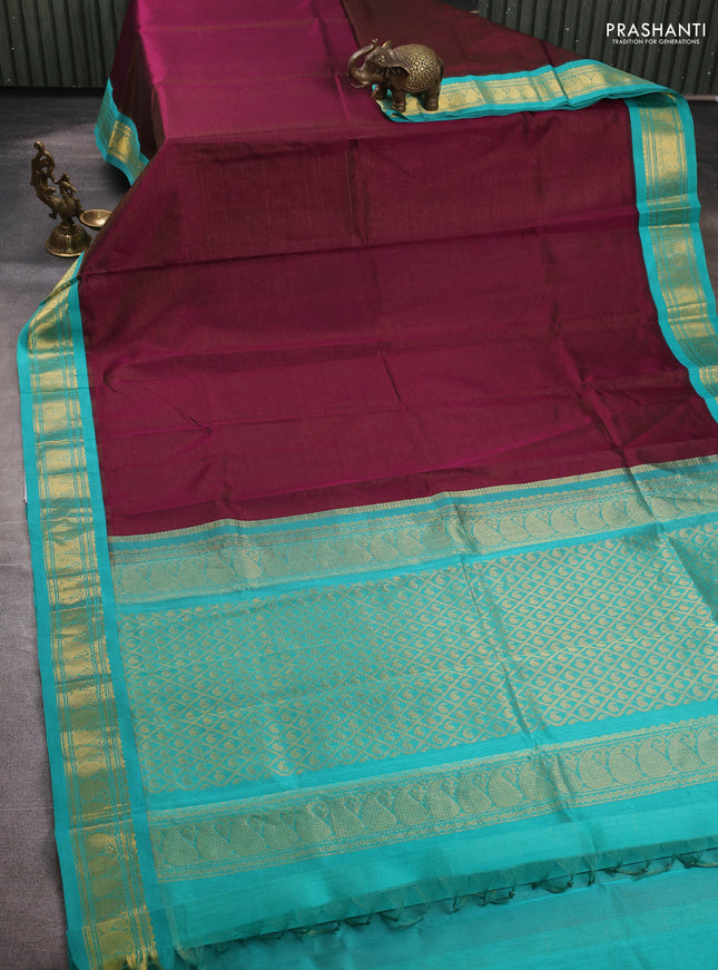 Silk cotton saree deep wine shade and teal blue with allover vairaosi pattern and zari woven kovai border