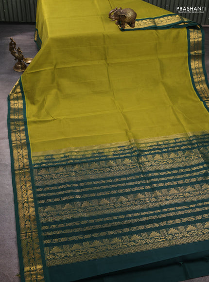 Silk cotton saree mehendi green and green with plain body and temple zari woven korvai border