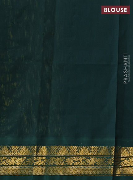 Silk cotton saree mehendi green and green with plain body and temple zari woven korvai border