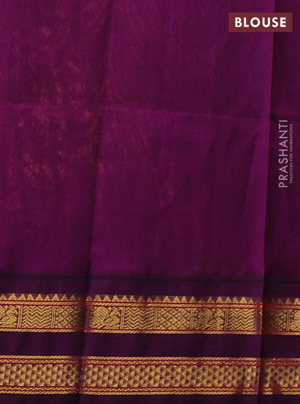 Silk cotton saree mustard yellow and purple with plain body and rettapet zari woven korvai border