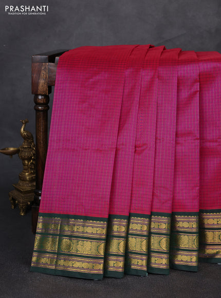 Silk cotton saree pink and bottle green with allover small checked pattern and temple zari woven korvai border