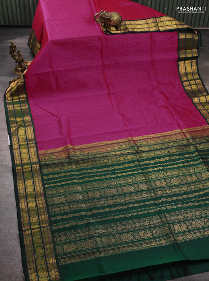 Silk cotton saree pink and bottle green with allover small checked pattern and temple zari woven korvai border