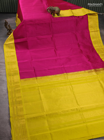 Silk cotton saree pink and yellow with plain body and temple zari woven korvai border