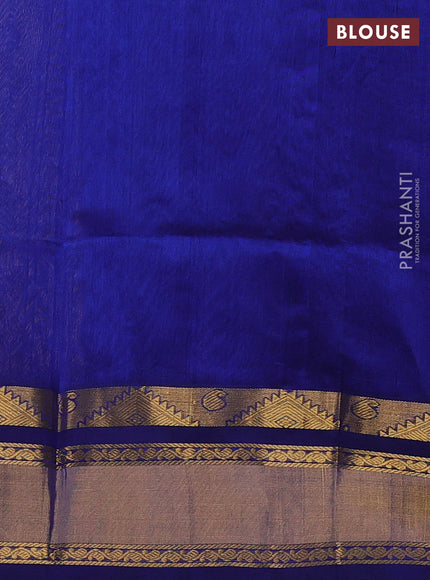 Silk cotton saree pista green and blue with allover checked pattern and temple zari woven korvai border