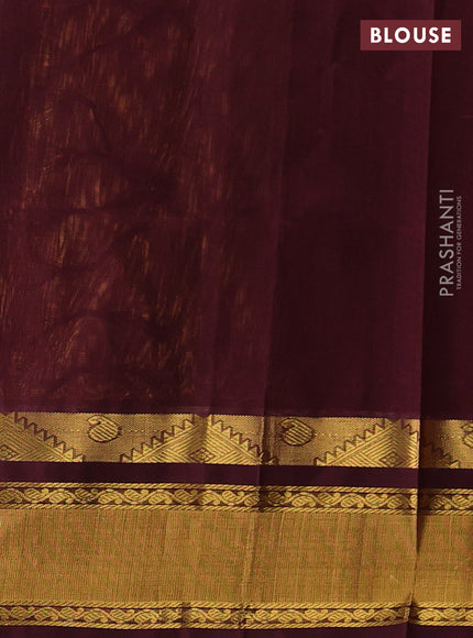 Silk cotton saree mustard yellow and coffee brown with allover checked pattern and temple zari woven korvai border