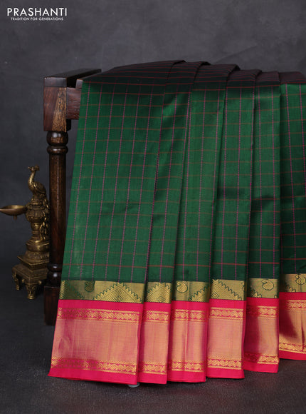 Silk cotton saree bottle green and pink with allover checked pattern and temple zari woven korvai border