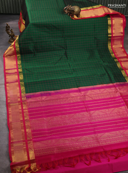 Silk cotton saree bottle green and pink with allover checked pattern and temple zari woven korvai border