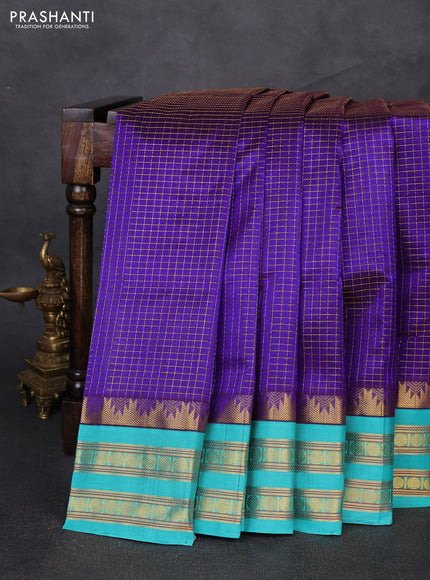 Silk cotton saree violet and teal blue with allover small zari ckecked pattern and temple rettapet zari woven korvai border