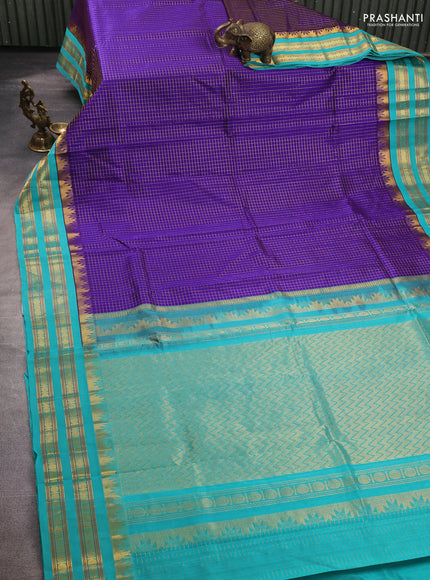 Silk cotton saree violet and teal blue with allover small zari ckecked pattern and temple rettapet zari woven korvai border