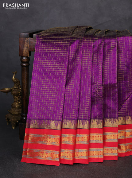 Silk cotton saree purple and red with allover small zari ckecked pattern and temple rettapet zari woven korvai border