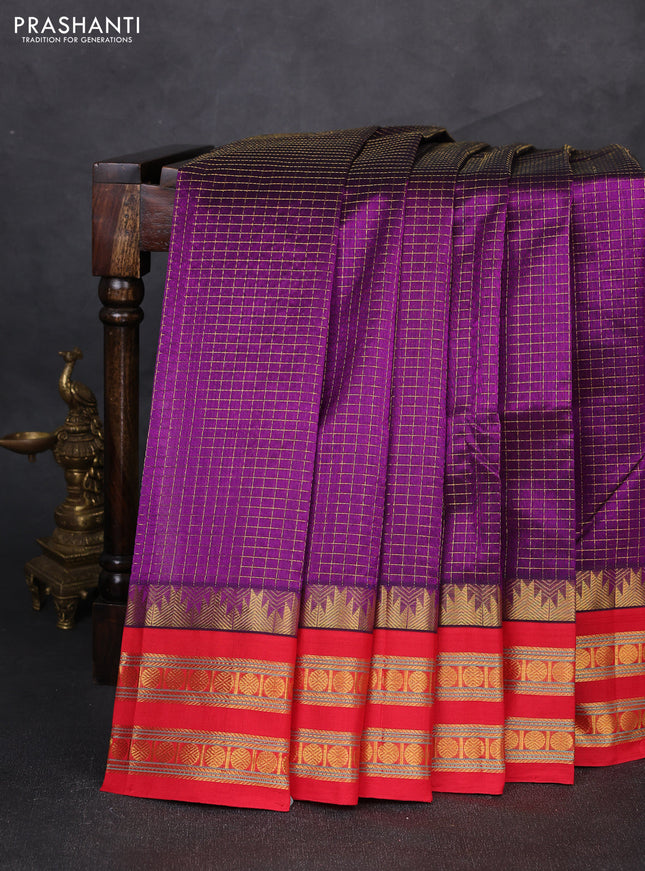 Silk cotton saree purple and red with allover small zari ckecked pattern and temple rettapet zari woven korvai border