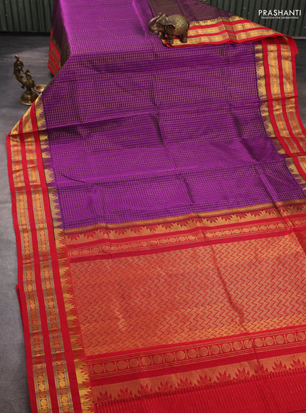 Silk cotton saree purple and red with allover small zari ckecked pattern and temple rettapet zari woven korvai border