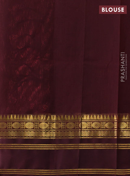 Silk cotton saree peach pink and coffee brown with plain body and temple rettapet zari woven korvai border