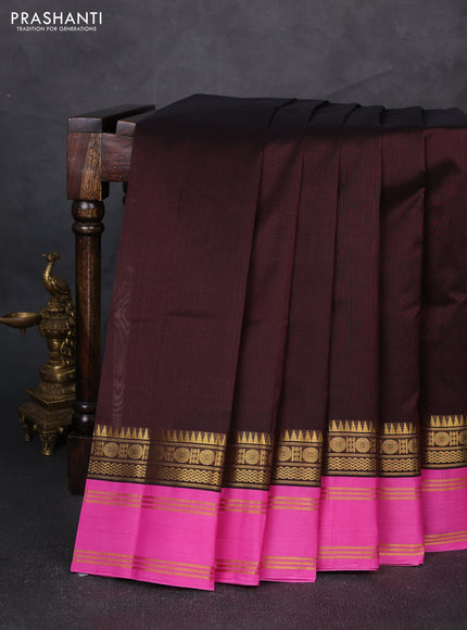 Silk cotton saree coffee brown and pink with plain body and temple rettapet zari woven korvai border