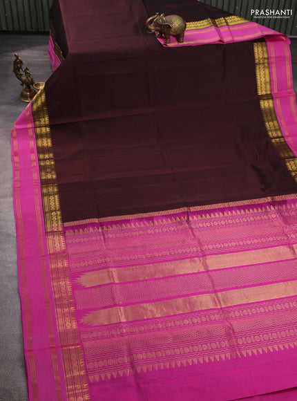 Silk cotton saree coffee brown and pink with plain body and temple rettapet zari woven korvai border
