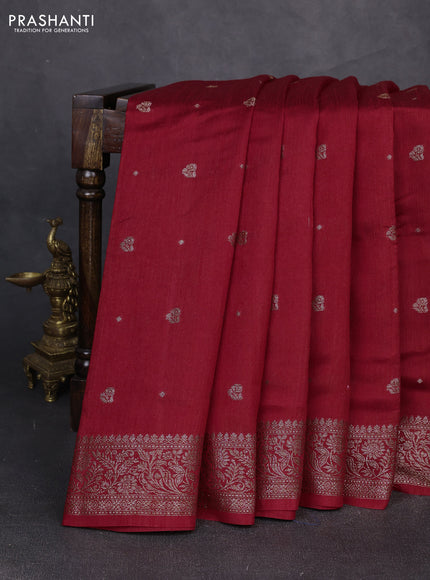 Banarasi semi matka silk saree kumkum red with allover thread & zari woven buttas and woven border