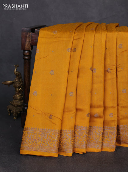 Banarasi semi matka silk saree mustard yellow with allover thread & zari woven buttas and woven border