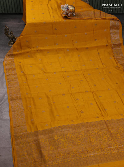 Banarasi semi matka silk saree mustard yellow with allover thread & zari woven buttas and woven border