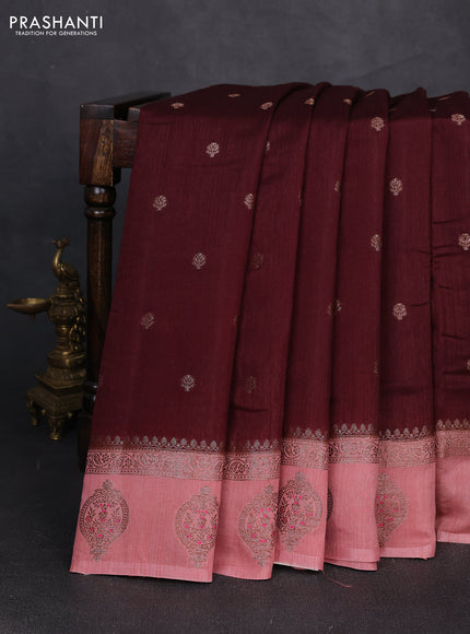 Banarasi semi matka silk saree coffee brown and peach shade with allover thread & zari woven buttas and woven butta border