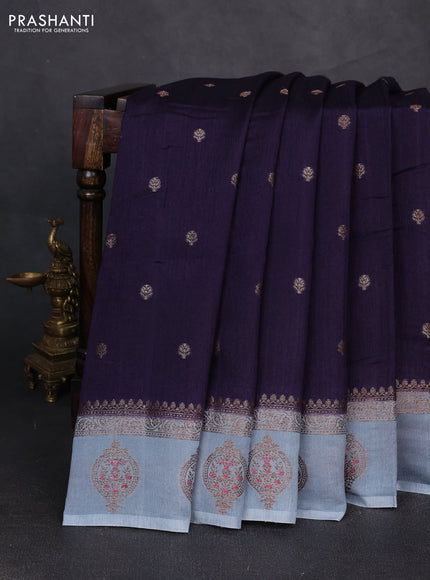 Banarasi semi matka silk saree navy blue and pastel blue with allover thread & zari woven buttas and woven butta border