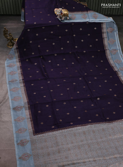 Banarasi semi matka silk saree navy blue and pastel blue with allover thread & zari woven buttas and woven butta border