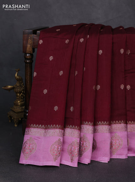 Banarasi semi matka silk saree deep maroon and lavender with allover thread & zari woven buttas and woven butta border
