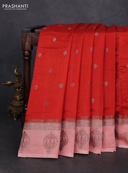 Banarasi semi matka silk saree orange and mild peach with allover thread & zari woven buttas and woven butta border
