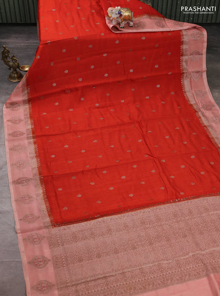Banarasi semi matka silk saree orange and mild peach with allover thread & zari woven buttas and woven butta border