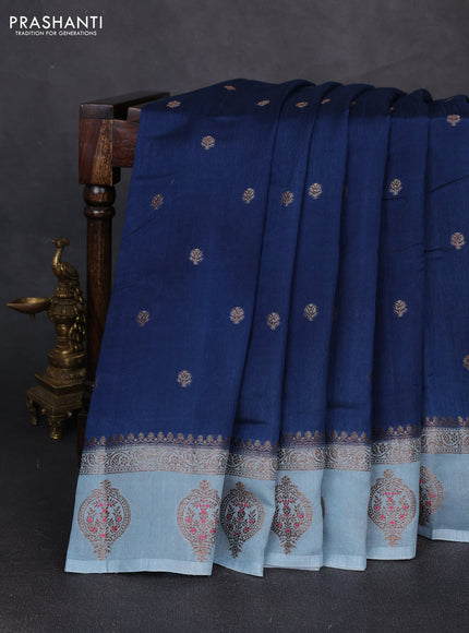 Banarasi semi matka silk saree peacock blue and pastel blue with allover thread & zari woven buttas and woven butta border