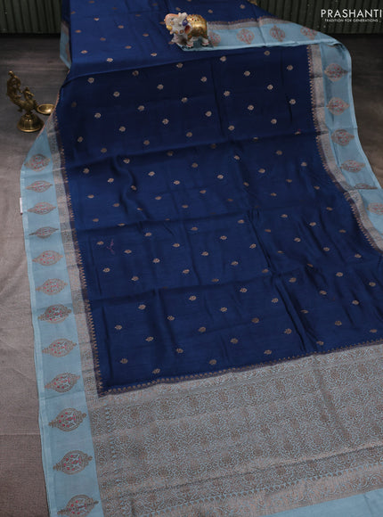 Banarasi semi matka silk saree peacock blue and pastel blue with allover thread & zari woven buttas and woven butta border