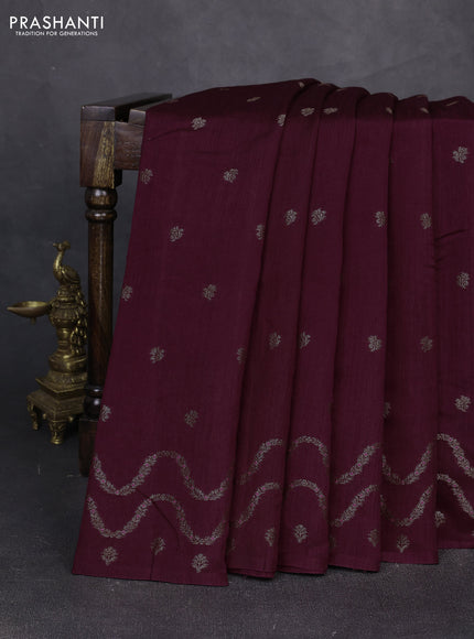 Banarasi semi matka silk saree wine shade with allover thread & zari woven buttas and woven border