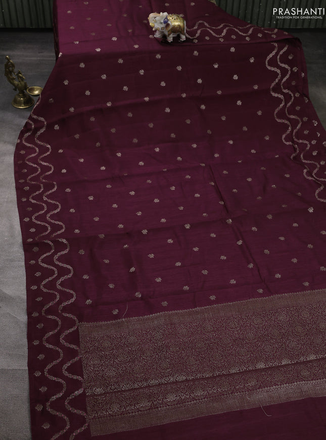 Banarasi semi matka silk saree wine shade with allover thread & zari woven buttas and woven border