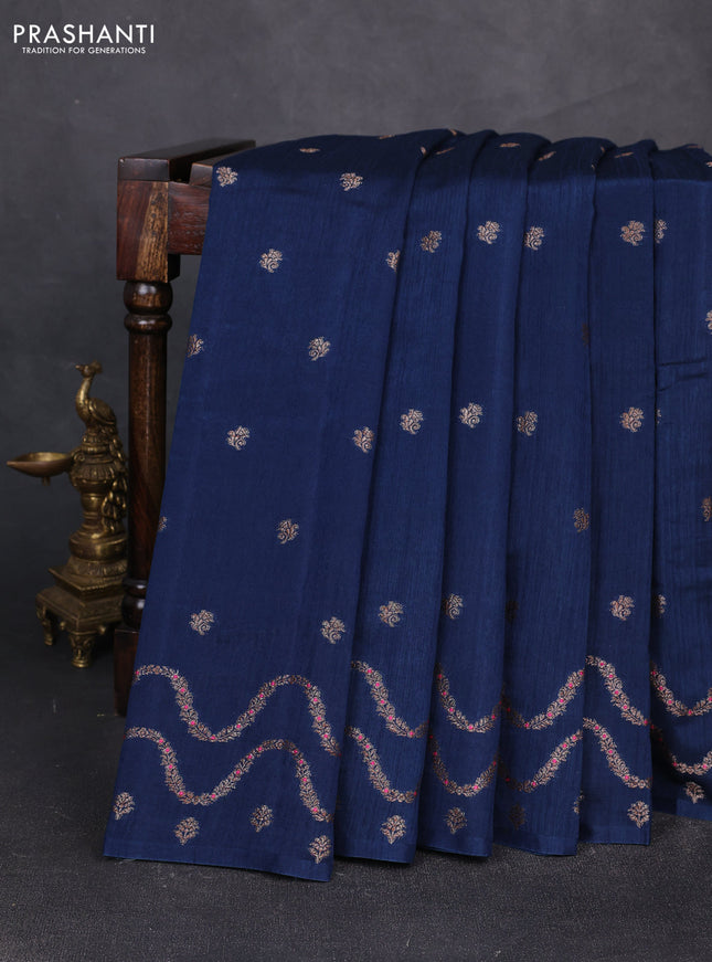 Banarasi semi matka silk saree peacock blue with allover thread & zari woven buttas and woven border
