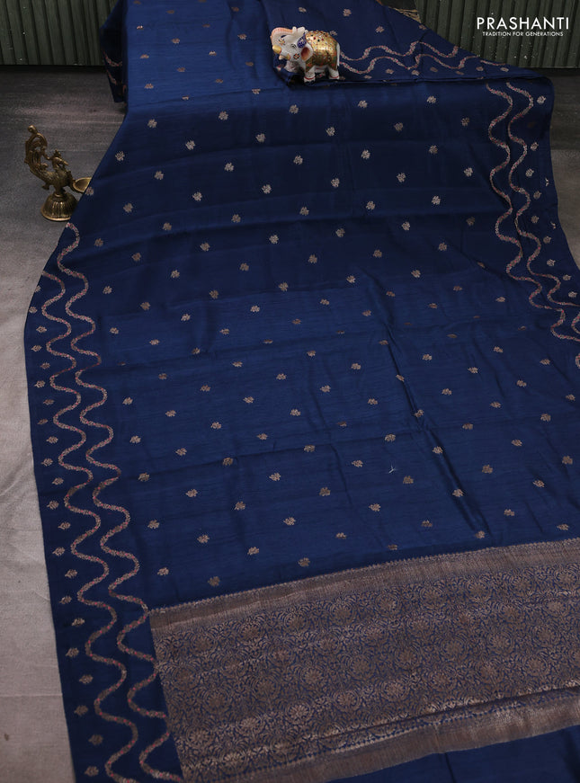 Banarasi semi matka silk saree peacock blue with allover thread & zari woven buttas and woven border