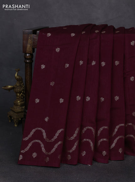 Banarasi semi matka silk saree wine shade with allover thread & zari woven buttas and woven border