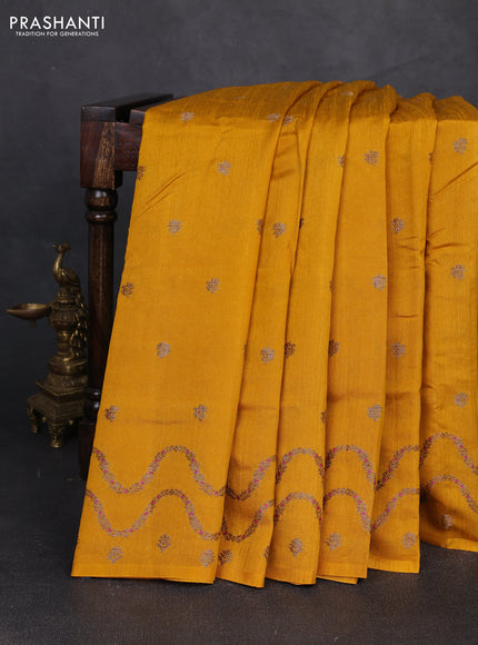 Banarasi semi matka silk saree mustard yellow with allover thread & zari woven buttas and woven border